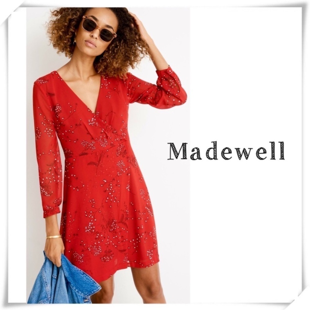 Madewell Hazelwood Wrap-Front Mini Dress in Windswept Floral Red Size00 #K6049